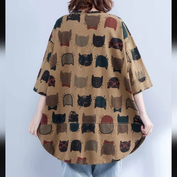 EllaZhu Brown Cat Short SleeveBaggy Tunic Shirt Womens Size One Size - Picture 3 of 12
